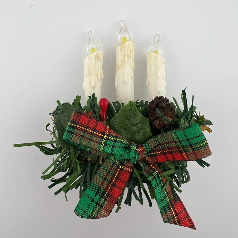 Vintage Flickering Candle Brooch Christmas Pin Works Light Up Plaid‎ Bow Holly